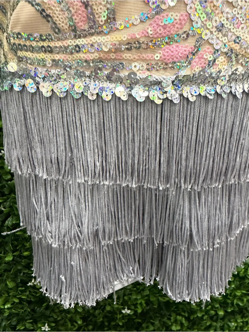 Weissman Nude and Silver Sequin Fringe Halter Dance Costume
